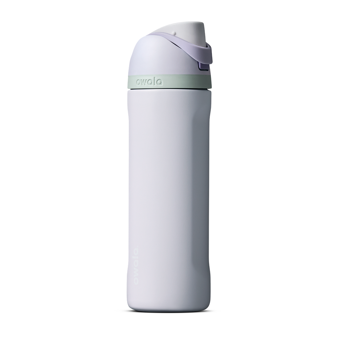 FreeSip 24oz in Open Air, pale periwinkle lavender insulated bottle with white and lavender flip cap and mint green carry loop