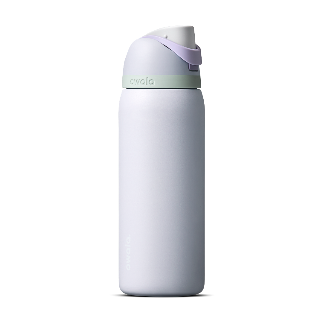 FreeSip 32oz in Open Air, pale periwinkle lavender insulated bottle with lavender flip cap and mint green carry loop