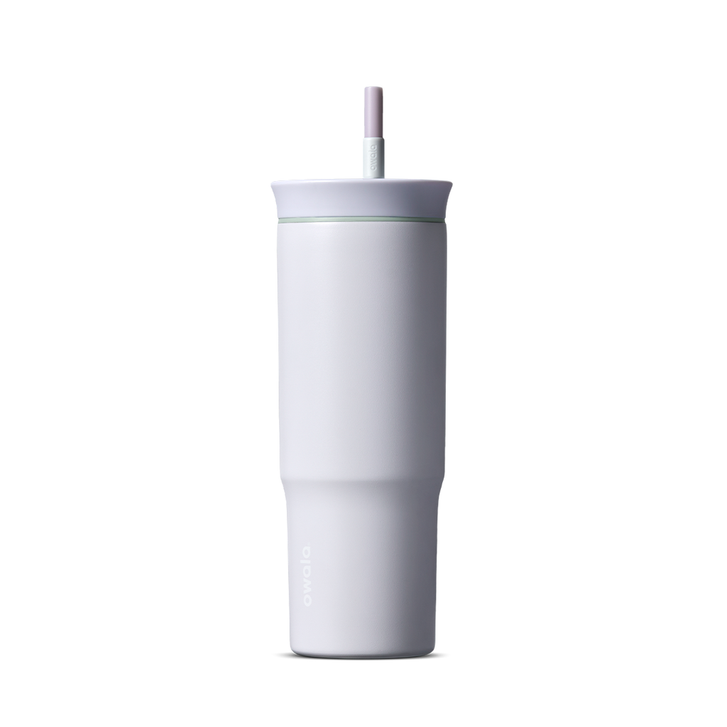 24oz Tumbler in Open Air; matte off-white insulated tumbler with white lid and pink-striped straw, Owala wordmark on front