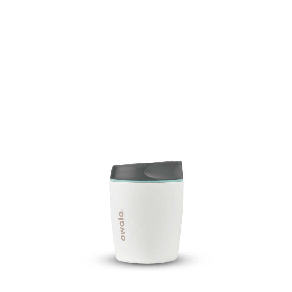 SmoothSip 10oz in Cloudscape, off-white cream tumbler body with charcoal gray flip-style lid and mint green accent ring