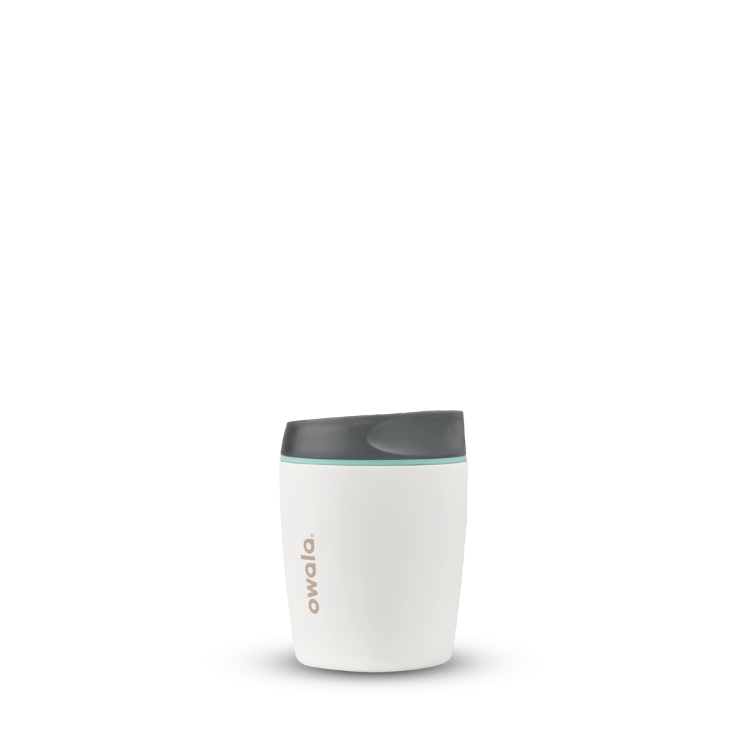 SmoothSip 10oz in Cloudscape, off-white cream tumbler body with charcoal gray flip-style lid and mint green accent ring