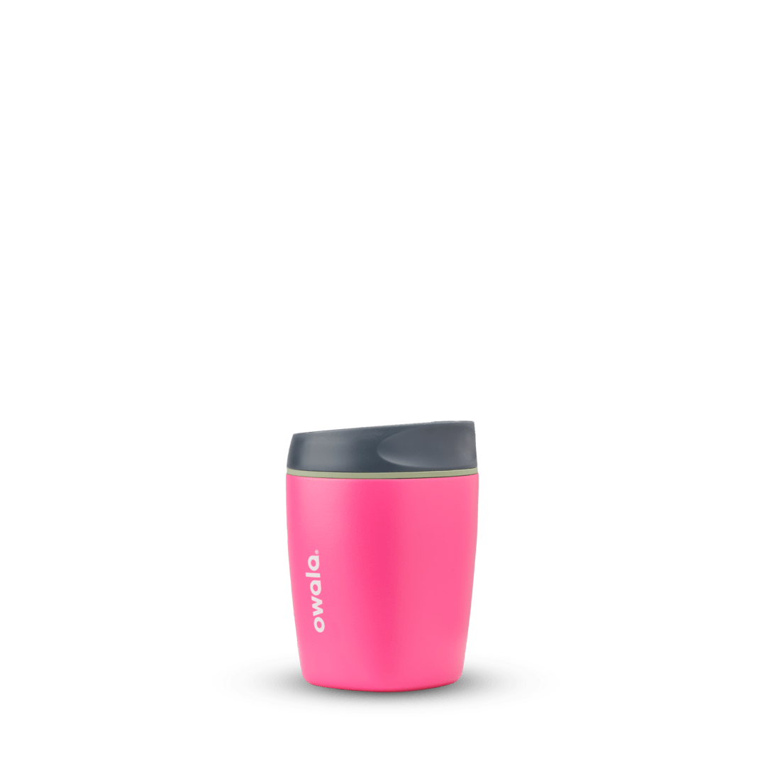SmoothSip 10oz in Watermelon Breeze, neon pink tumbler body with charcoal gray flip-style lid