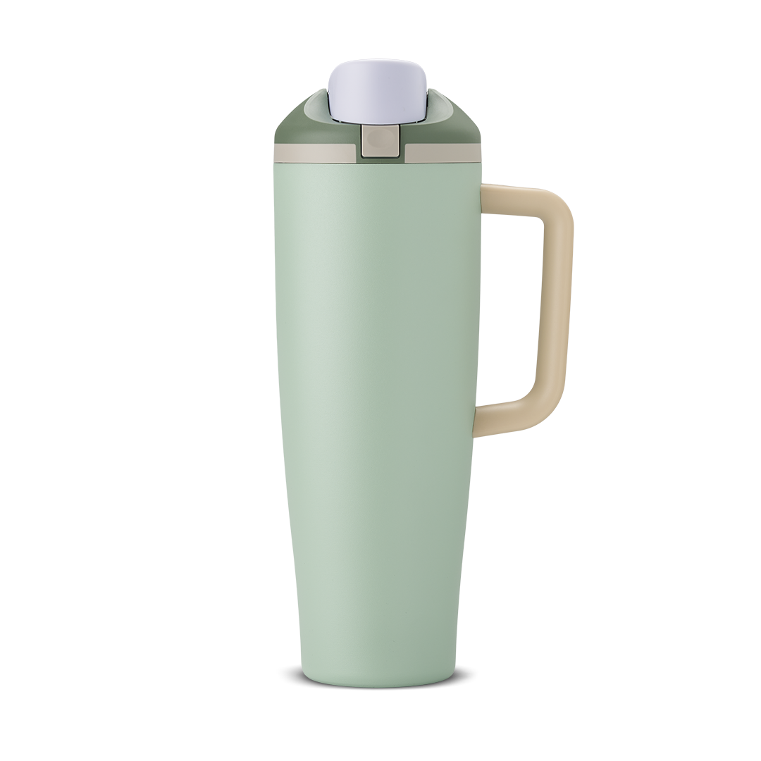 FreeSip Tumbler 40oz Eucalyptus, sage green body with white flip cap, tan carry loop, and tan handle