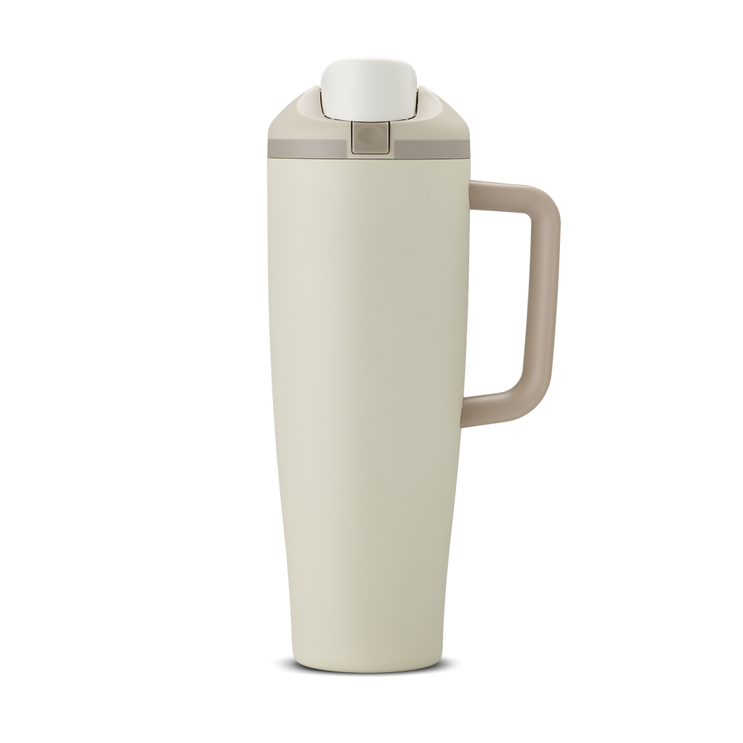 FreeSip Tumbler 40oz Lightly Toasted, warm cream/off-white body with white flip cap and matching cream handle
