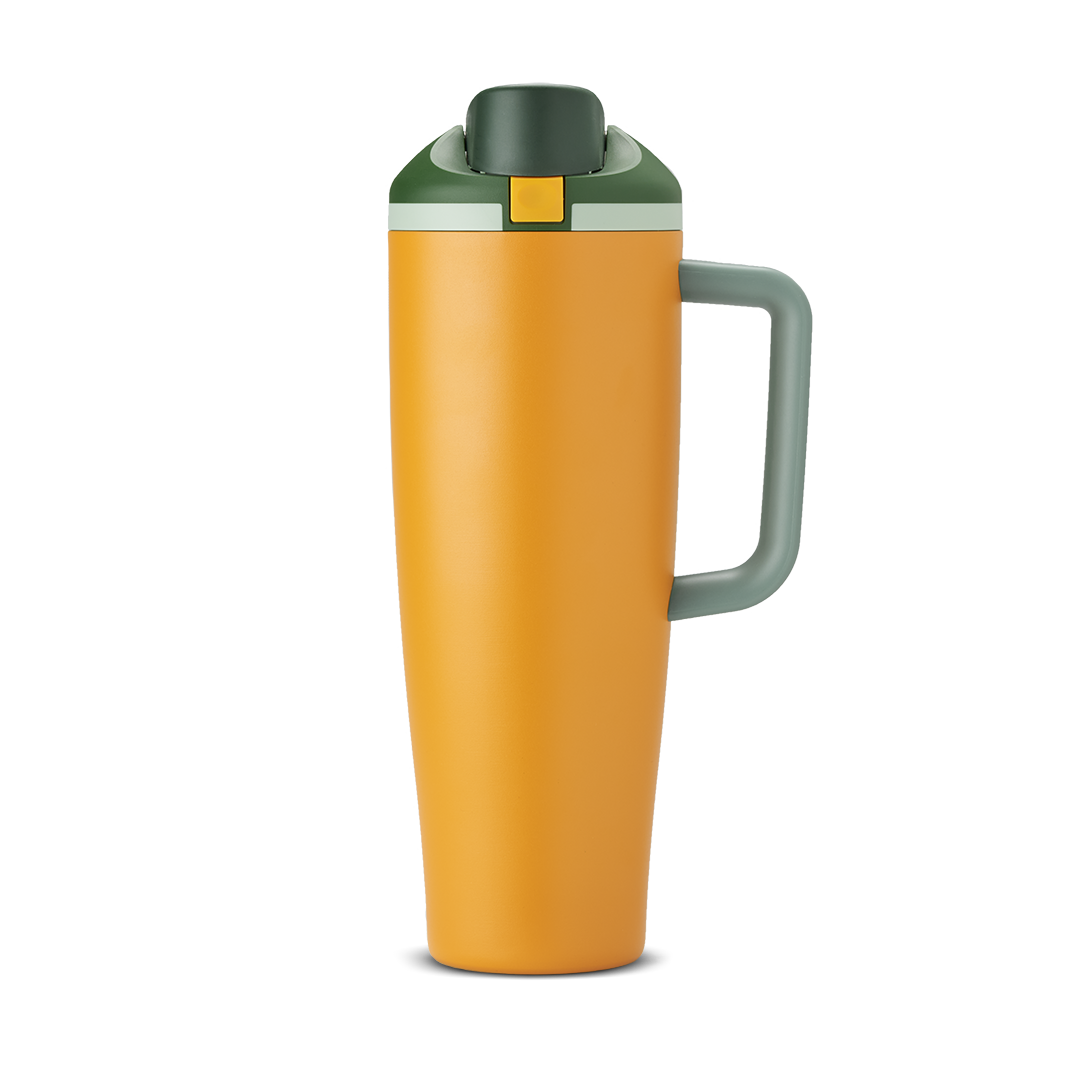 FreeSip Tumbler 40oz Orange Grove, bright orange body with dark forest green lid and yellow accent, dark green handle