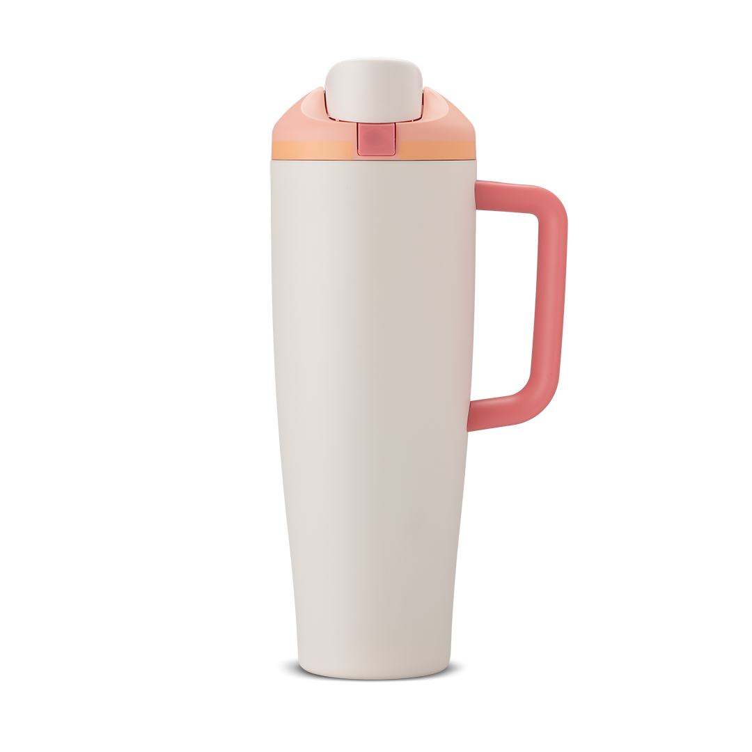 FreeSip Tumbler 40oz Sparkling Sherbet, cream/off-white body with coral/salmon lid and handle