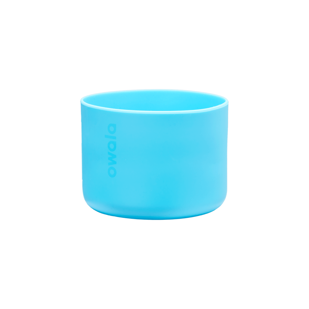 Owala Bottle Boot in bright cyan blue silicone with tonal Owala logo, wide short cylindrical form sized for the 40oz bottle
