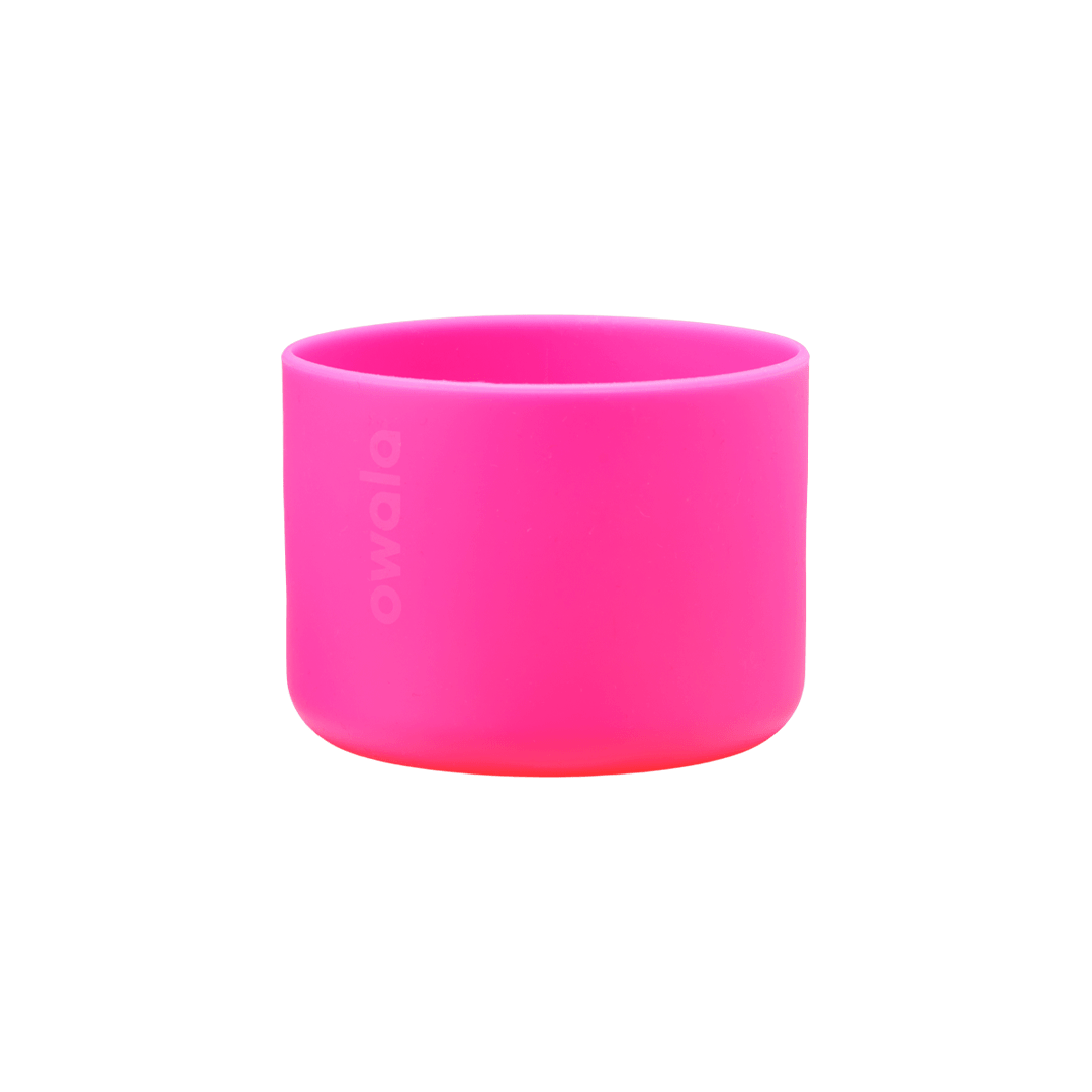 Owala Bottle Boot in vivid hot pink silicone with tonal Owala logo, wide short cylindrical form sized for the 40oz bottle