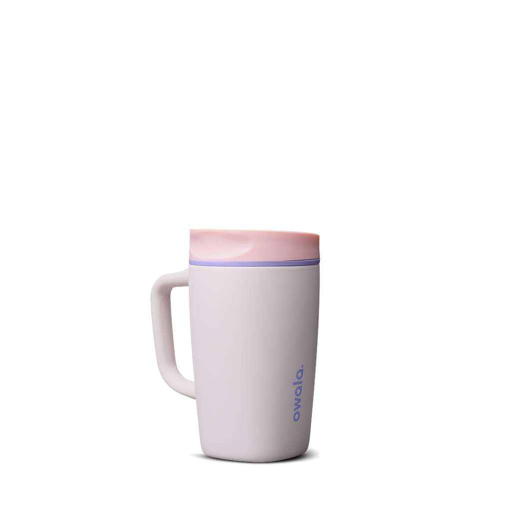 SmoothSip Slider with Handle 12oz in Candy Coated (Ceramic), pale lavender-white body with pink slider lid and violet accent ring