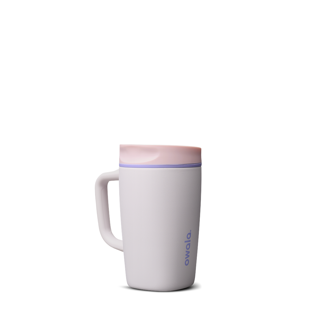 SmoothSip Slider with Handle 12oz in Candy Coated (Ceramic), pale lavender-white body with pink slider lid and violet accent ring