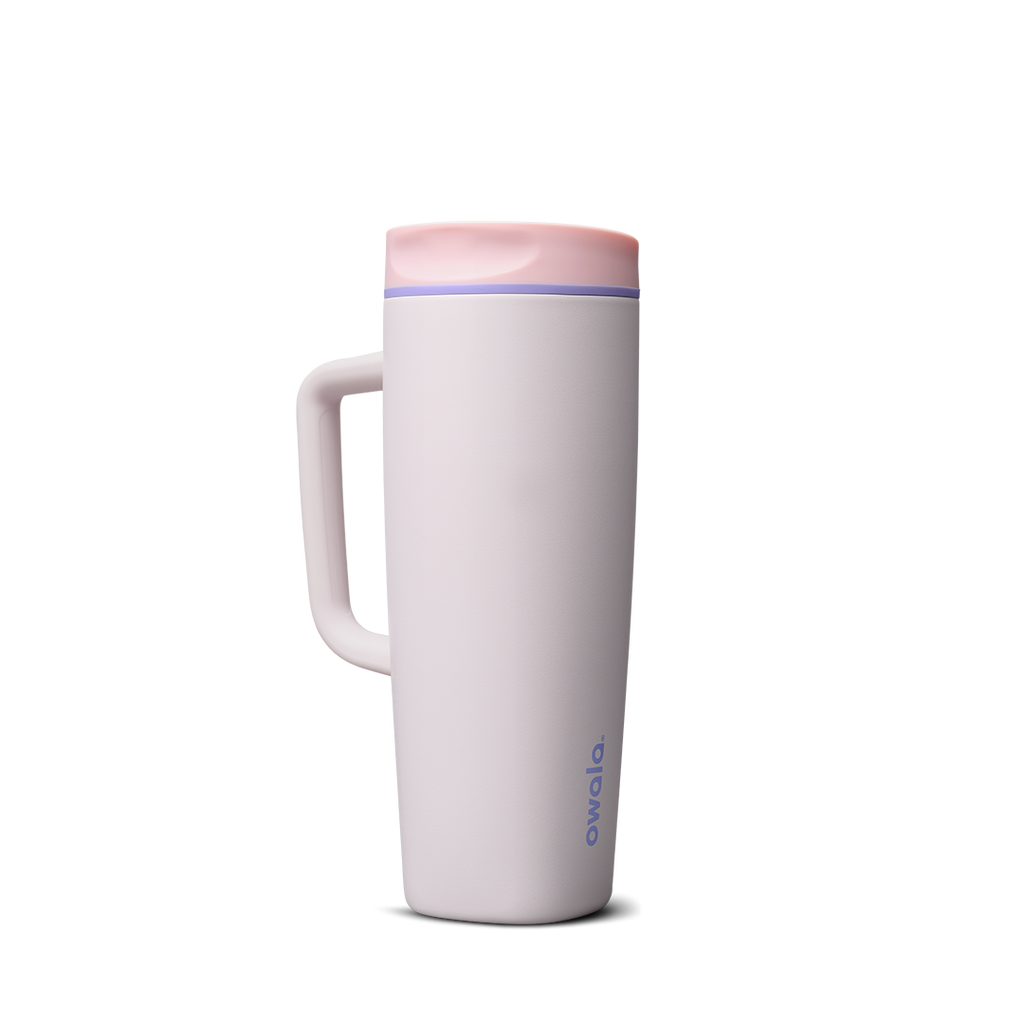 SmoothSip Slider with Handle 24oz in Candy Coated (Ceramic), pale lavender-white body with pink slider lid and violet accent ring