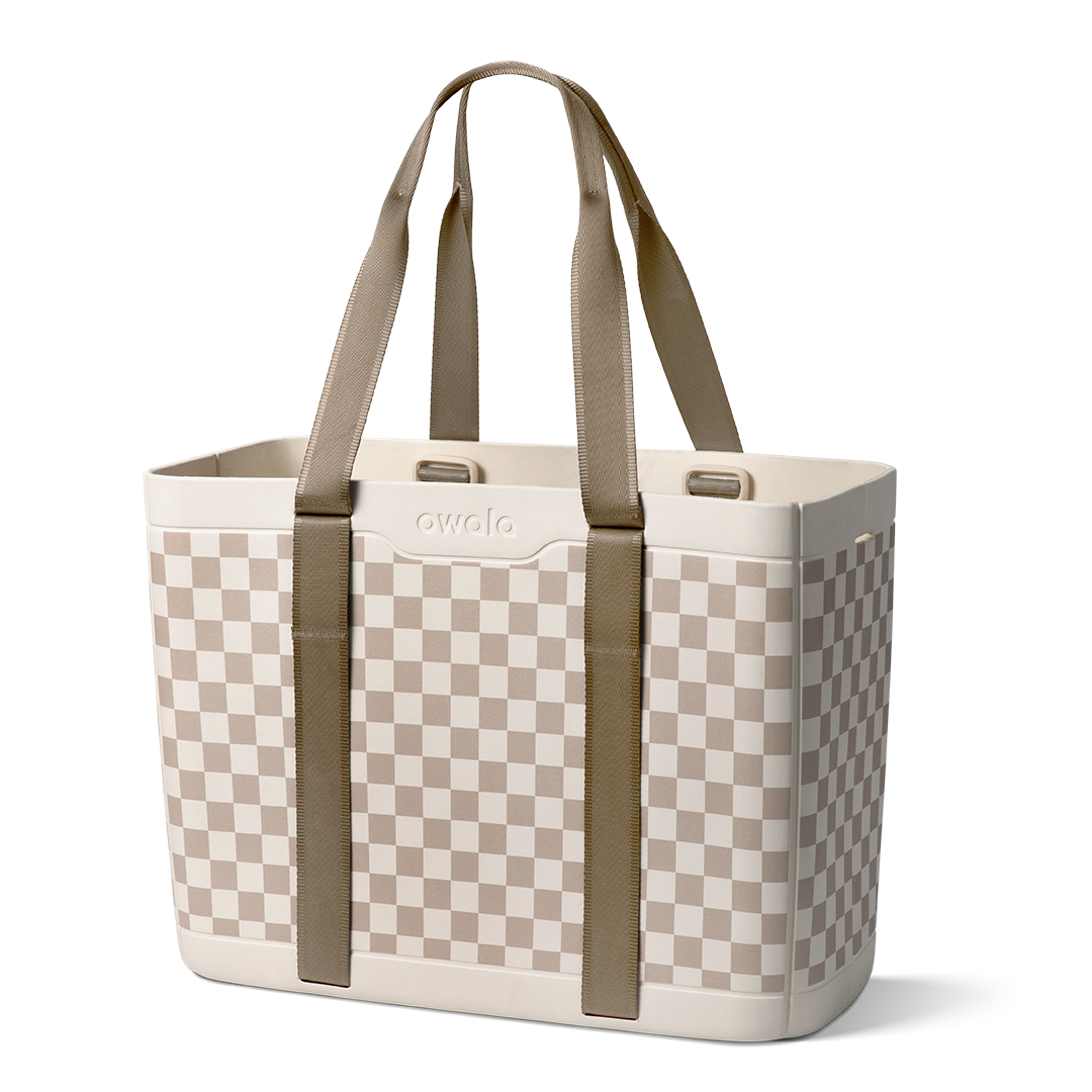 Sun-Day Collapsible Tote in Checkin' In, cream and tan checkerboard pattern tote bag with tan carry handles