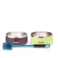 Owala Pet Bowl Bundle showing two stainless steel pet bowls — one deep purple with yellow Owala logo and one lime green with yellow Owala logo — alongside a teal-handled bottle brush with blue bristles
