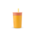 Kids' Tumbler 12oz in Picnic; mustard yellow body with peach-coral lid and pale yellow straw
