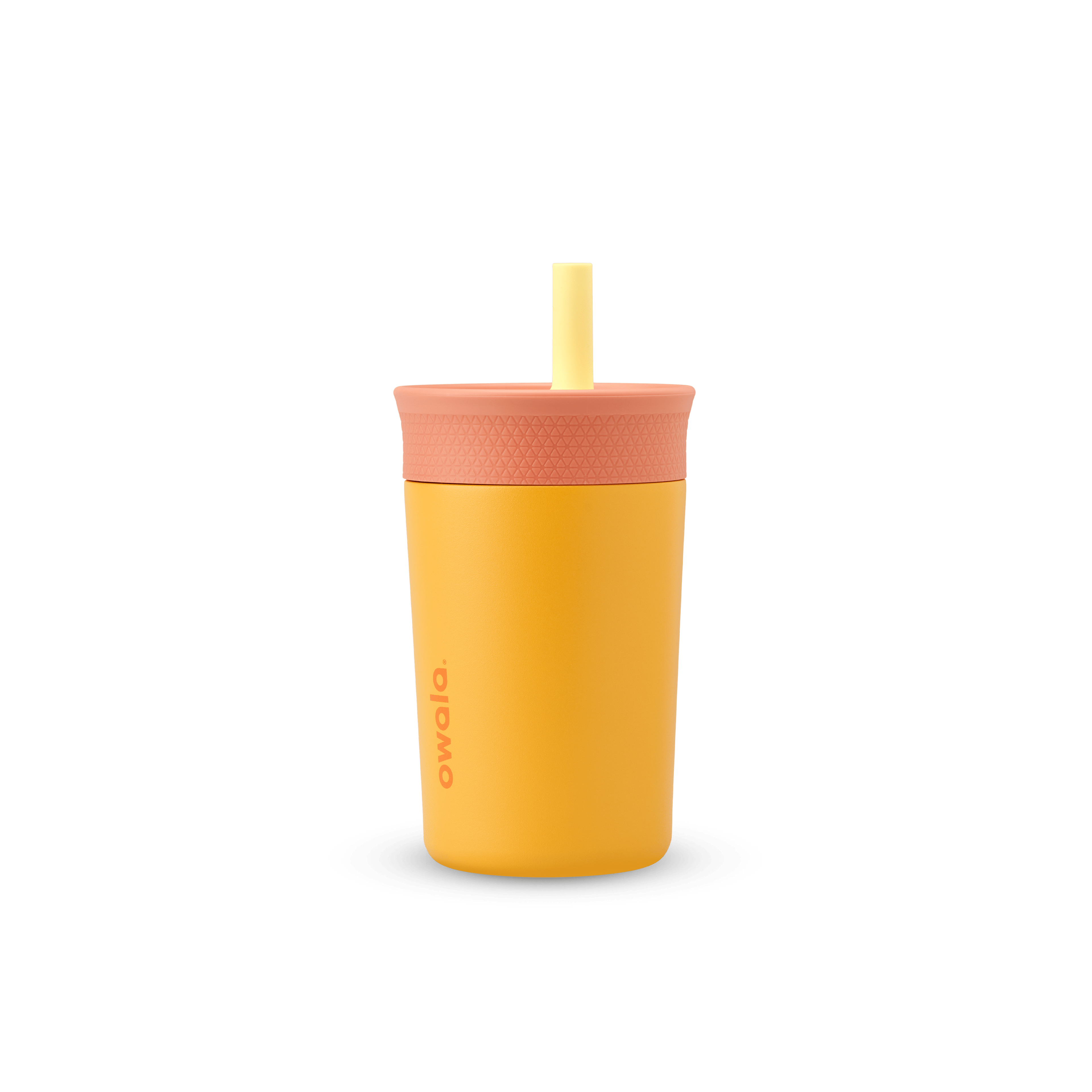 Kids' Tumbler 12oz in Picnic; mustard yellow body with peach-coral lid and pale yellow straw