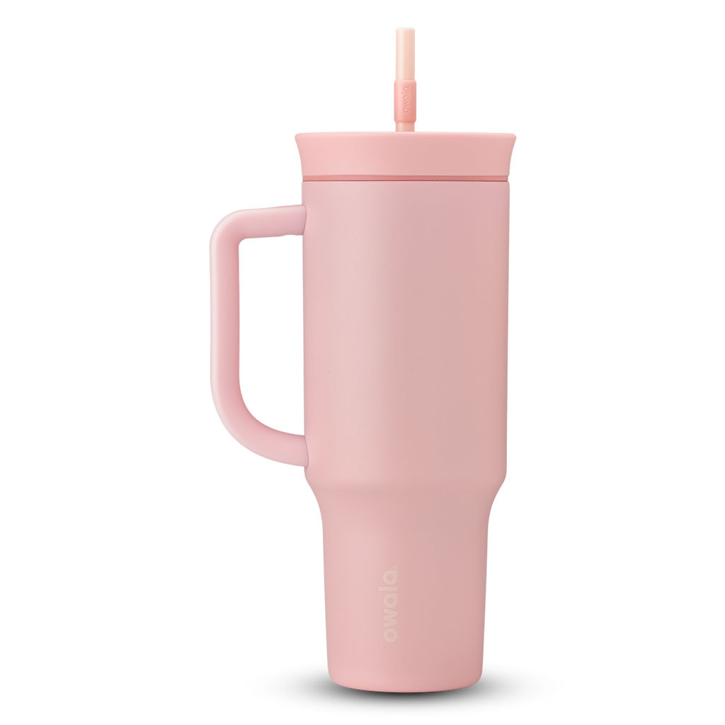 40oz Tumbler, soft blush pink tumbler with handle and straw lid; slightly different angle than primary image