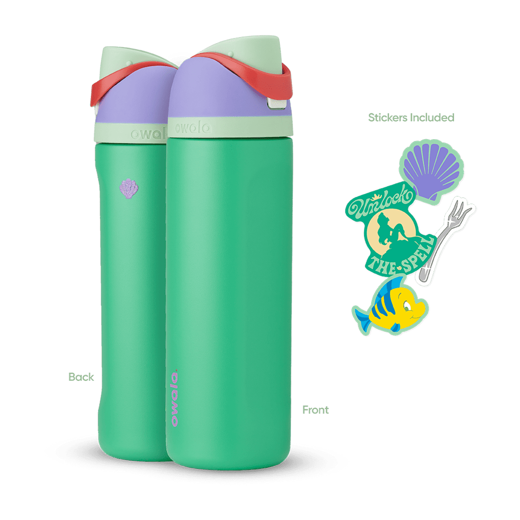 FreeSip 24oz in Ariel, mint green insulated bottle with light lavender flip cap, sage green lid, and red carry loop, shown front and back with included purple shell, "Unlock the Spell" silhouette, fork, and Flounder fish stickers