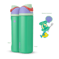 FreeSip 24oz in Ariel, mint green insulated bottle with light lavender flip cap, sage green lid, and red carry loop, shown front and back with included purple shell, "Unlock the Spell" silhouette, fork, and Flounder fish stickers