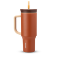 40oz Tumbler in Pumpkin Spice, burnt orange insulated tumbler with cream handle, dark chocolate brown lid, and orange-tipped straw