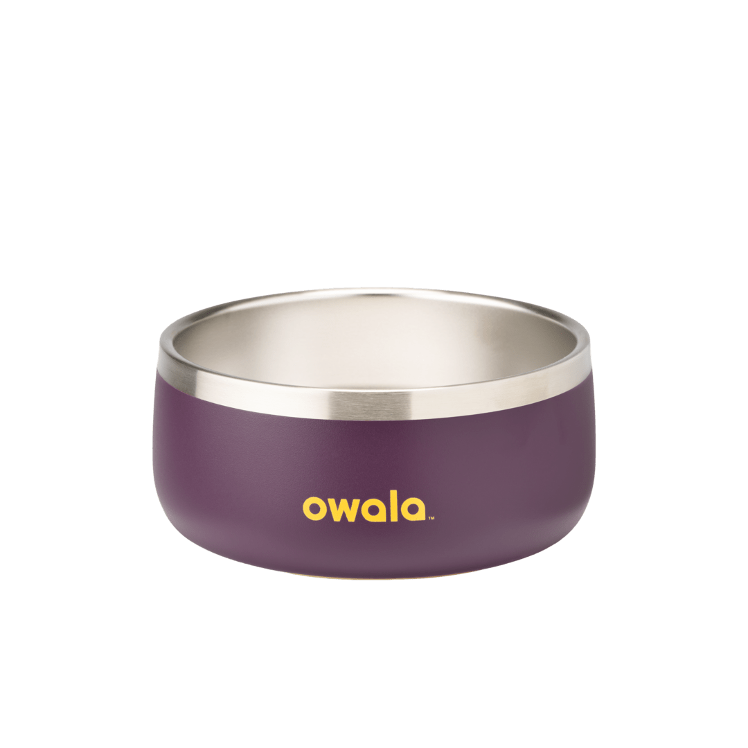 Pet Bowl 3-cup, deep plum purple exterior with stainless steel interior; yellow Owala logo