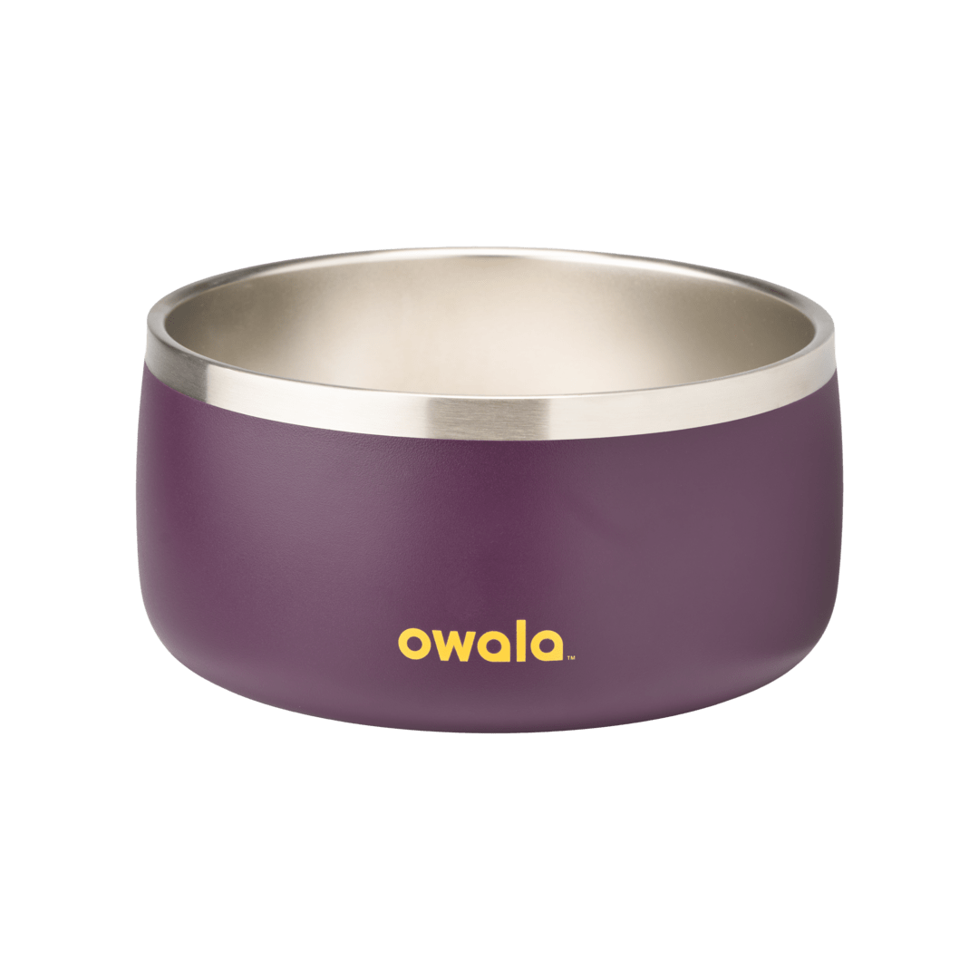 Pet Bowl 6-cup in Grapeful Fur You; matte deep purple cup exterior with stainless steel interior rim and yellow Owala logo on front