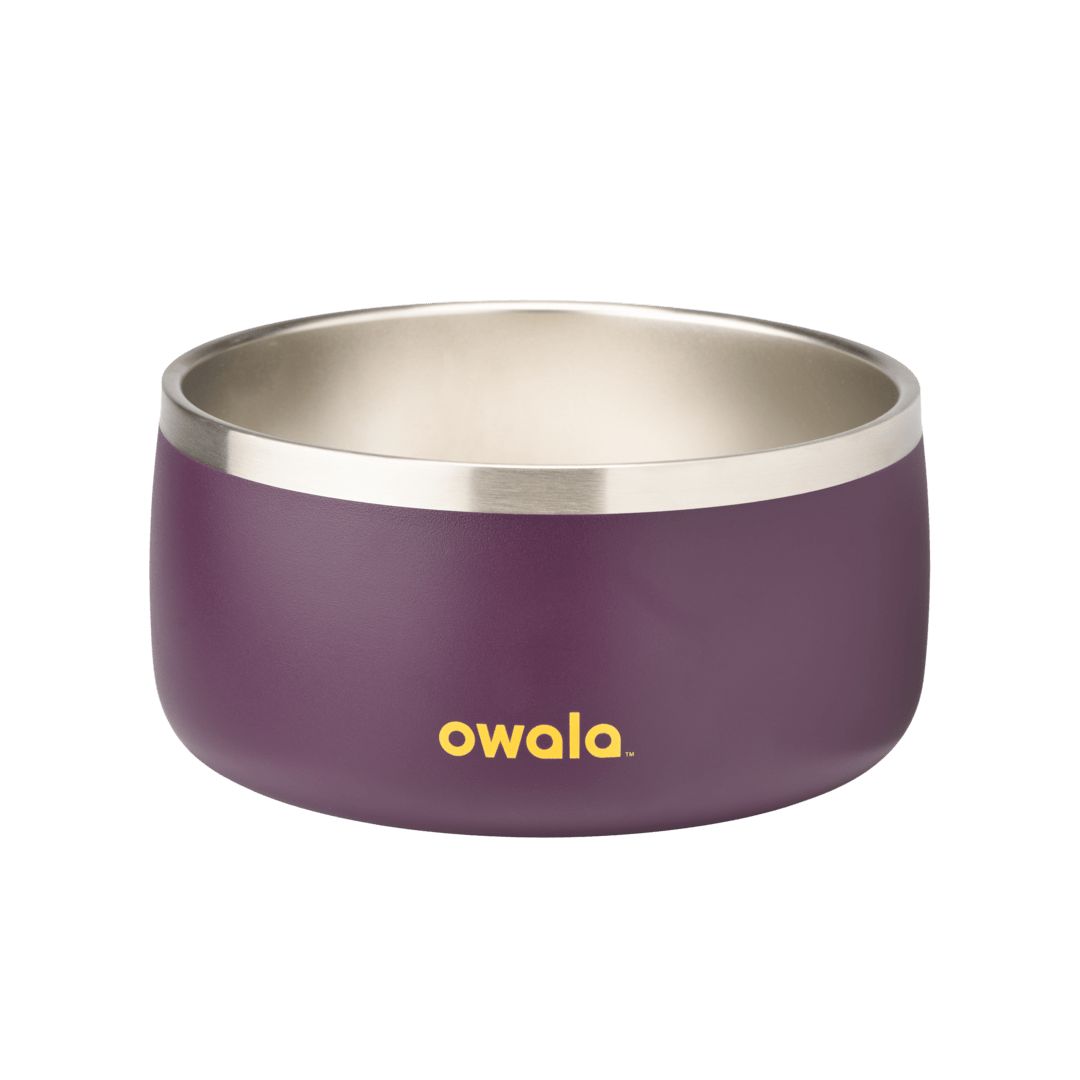 Pet Bowl 6-cup, deep plum purple exterior with stainless steel interior; yellow Owala logo