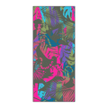 Owala Beach Towel in Dos Tigres; bold pop-art print of stylized pink, blue, green, and purple tigers and tropical leaves on an olive green background