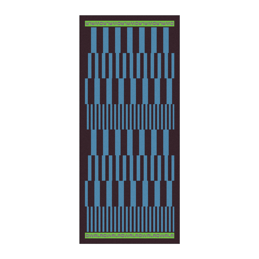 Owala Beach Towel in Retro Dive; geometric pattern of bright blue rectangular blocks on a dark brown background with green Owala logo borders at top and bottom