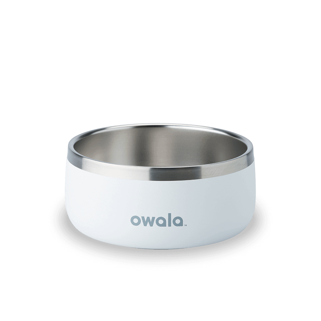 Pet Bowl 3-cup in Shy Marshmallow; matte white cup exterior with stainless steel interior rim and gray Owala logo on front