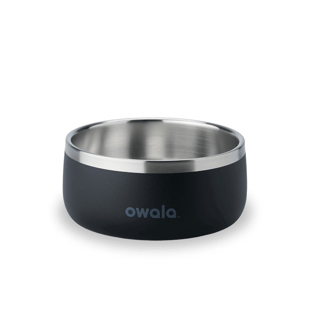 Pet Bowl 3-cup in Very Dark; matte black cup exterior with stainless steel interior rim and dark gray Owala logo on front