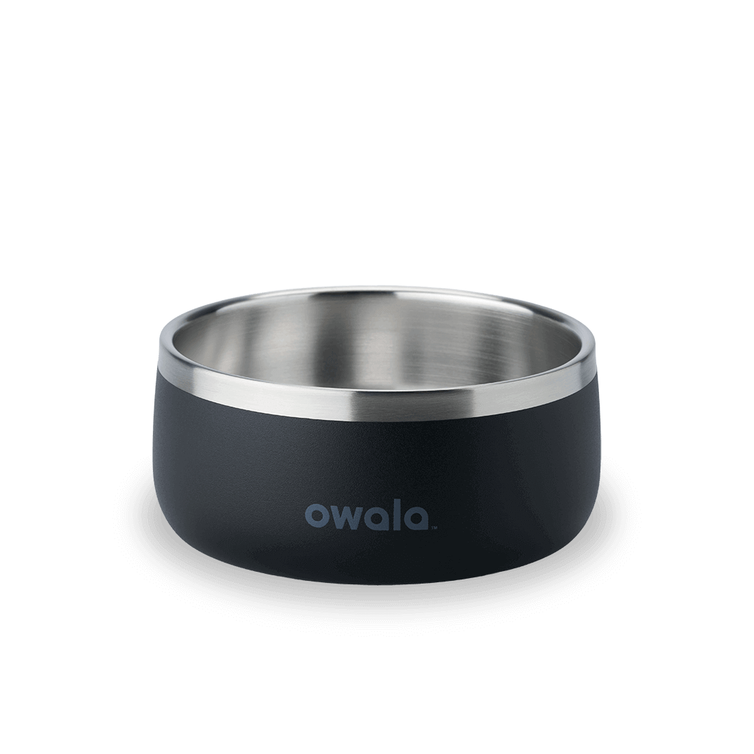 Pet Bowl 3-cup in Very Dark; matte black cup exterior with stainless steel interior rim and dark gray Owala logo on front