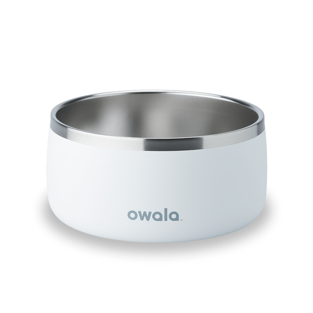 Pet Bowl 6-cup in Shy Marshmallow; matte white cup exterior with stainless steel interior rim and gray Owala logo on front