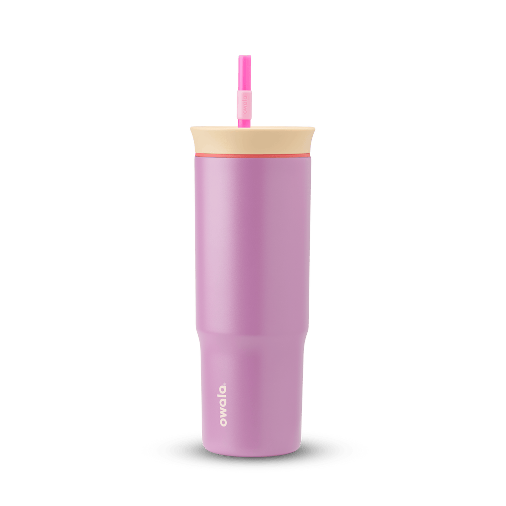 24oz Tumbler in Smell the Roses; matte lavender-pink insulated tumbler with cream lid, coral-red accent ring, and hot pink straw with light pink grip, Owala wordmark on front