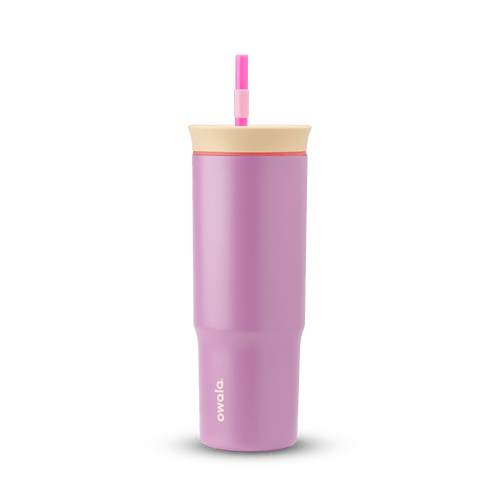 24oz Tumbler in Smell the Roses; matte lavender-pink insulated tumbler with cream lid, coral-red accent ring, and hot pink straw with light pink grip, Owala wordmark on front