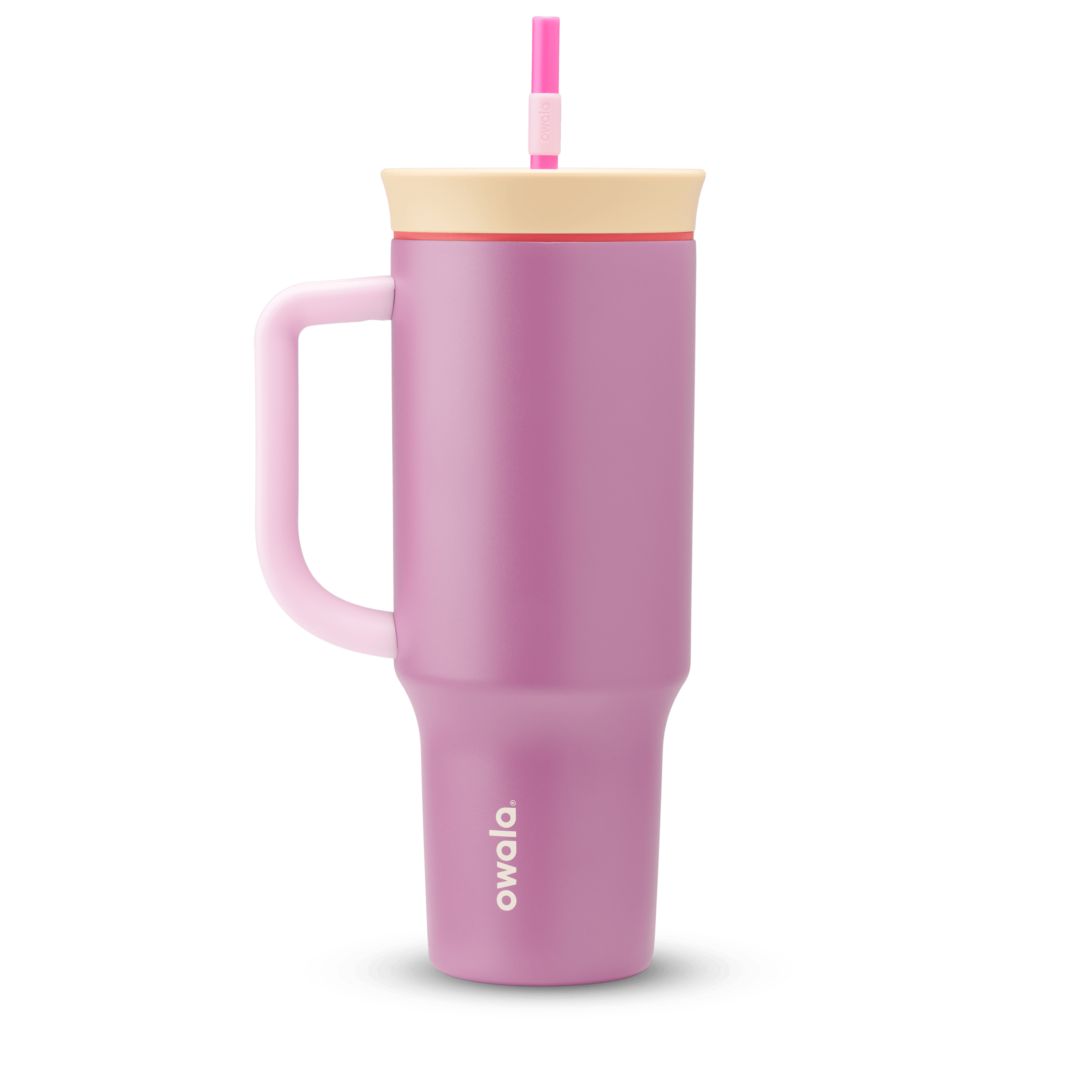 40oz Tumbler in Smell the Roses, dusty mauve pink insulated tumbler with light pink handle, cream lid with red accent ring, and bright pink straw