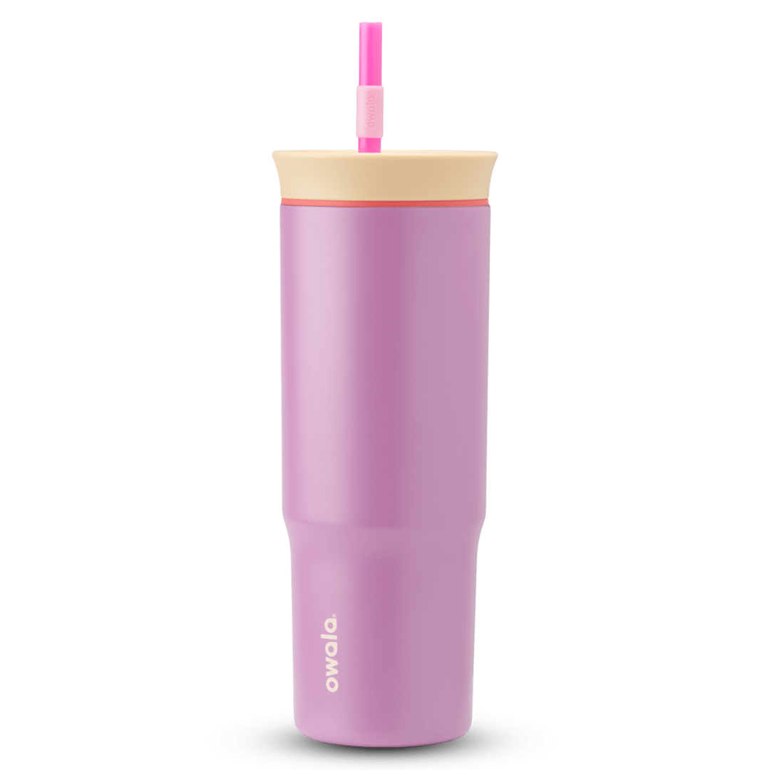 24oz Tumbler in Smell the Roses; matte lavender-pink insulated tumbler with cream lid, coral-red accent ring, and hot pink straw with light pink grip, Owala wordmark on front