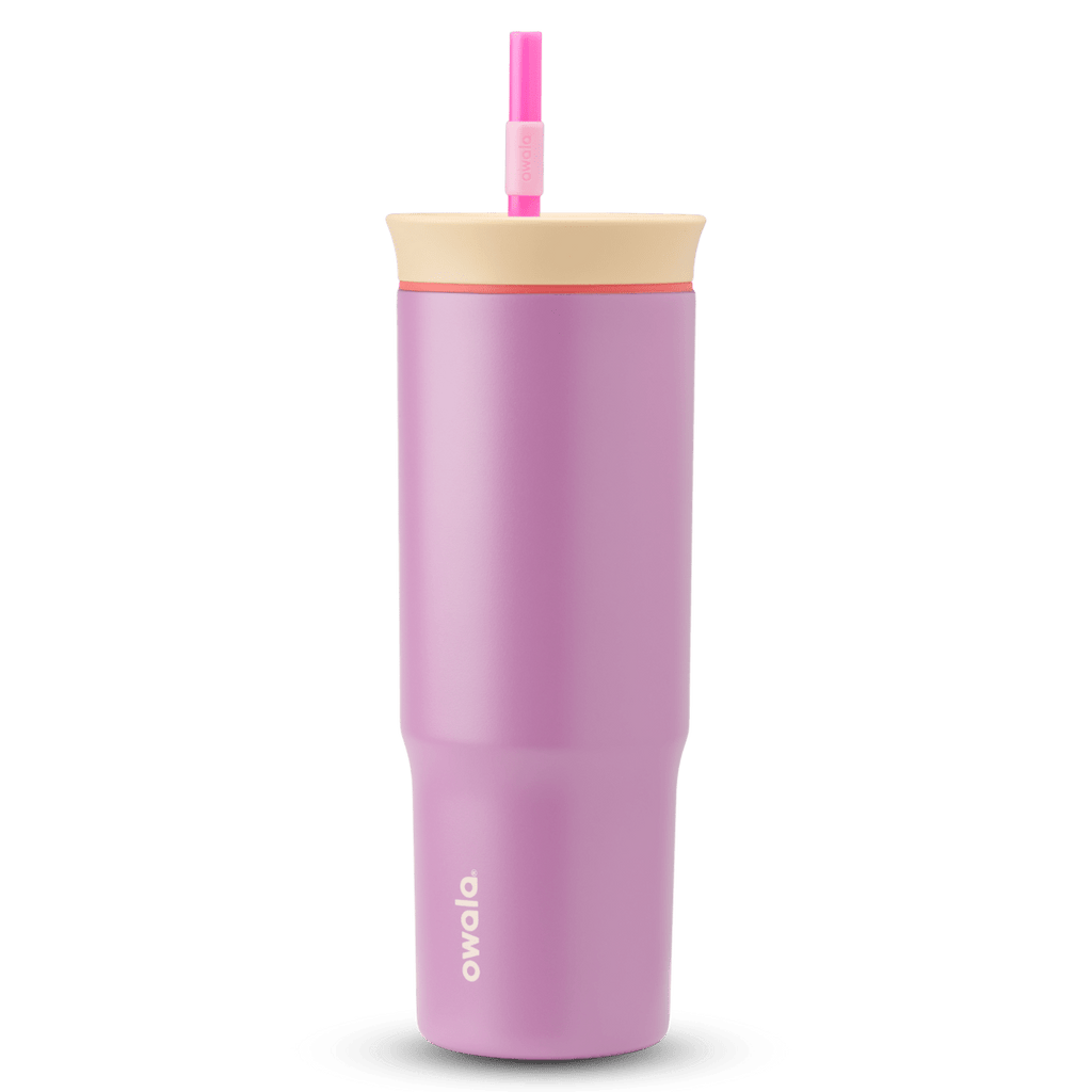24oz Tumbler in Smell the Roses; matte lavender-pink insulated tumbler with cream lid, coral-red accent ring, and hot pink straw with light pink grip, Owala wordmark on front