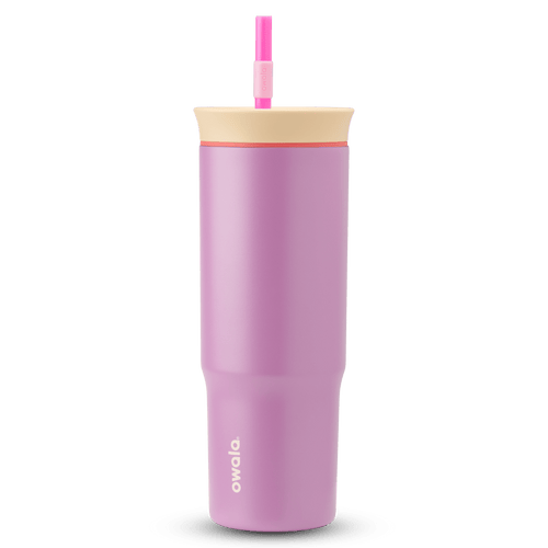 24oz Tumbler in Smell the Roses; matte lavender-pink insulated tumbler with cream lid, coral-red accent ring, and hot pink straw with light pink grip, Owala wordmark on front