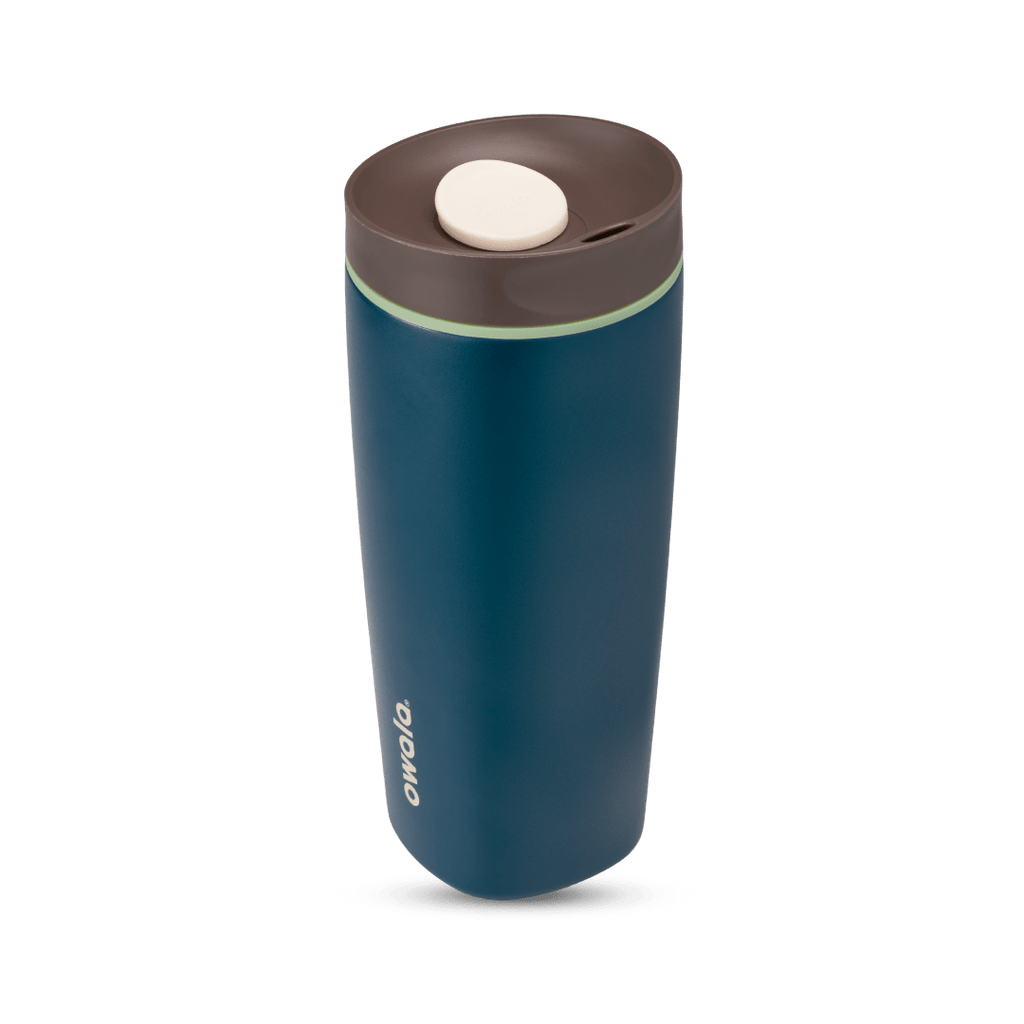 SmoothSip Slider 20oz in Moonlit Shadow, deep navy blue body with dark brown lid, cream slider button, and mint green accent ring
