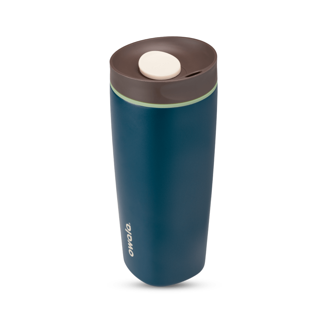 SmoothSip Slider 20oz in Moonlit Shadow, deep navy blue body with dark brown lid, cream slider button, and mint green accent ring