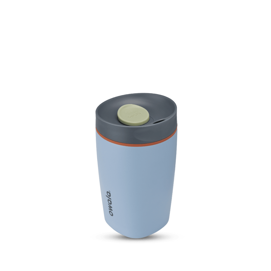 SmoothSip Slider 12oz in Lakeside, light blue body with dark gray lid, sage green slider button, and orange accent ring