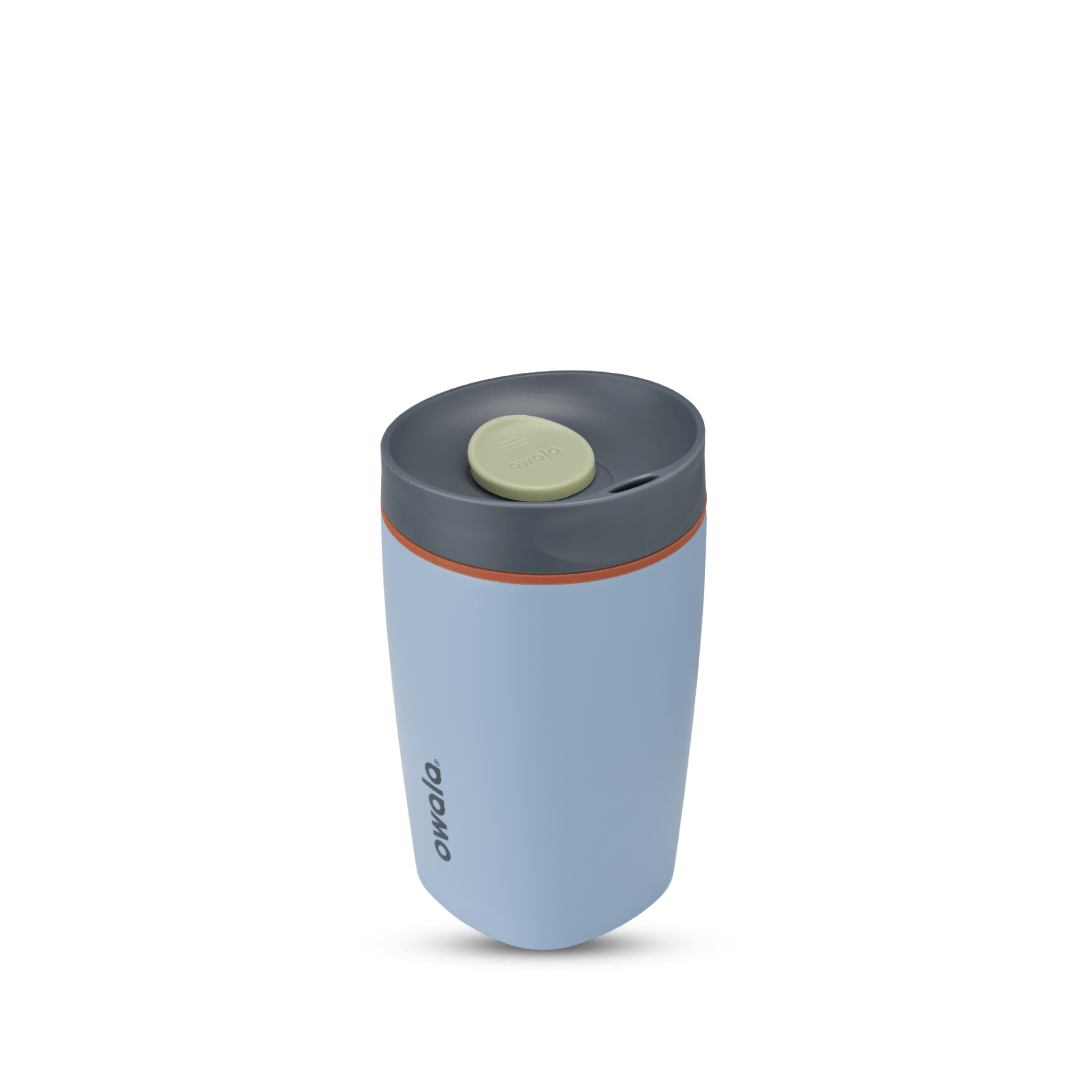 SmoothSip Slider 12oz in Lakeside, light blue body with dark gray lid, sage green slider button, and orange accent ring