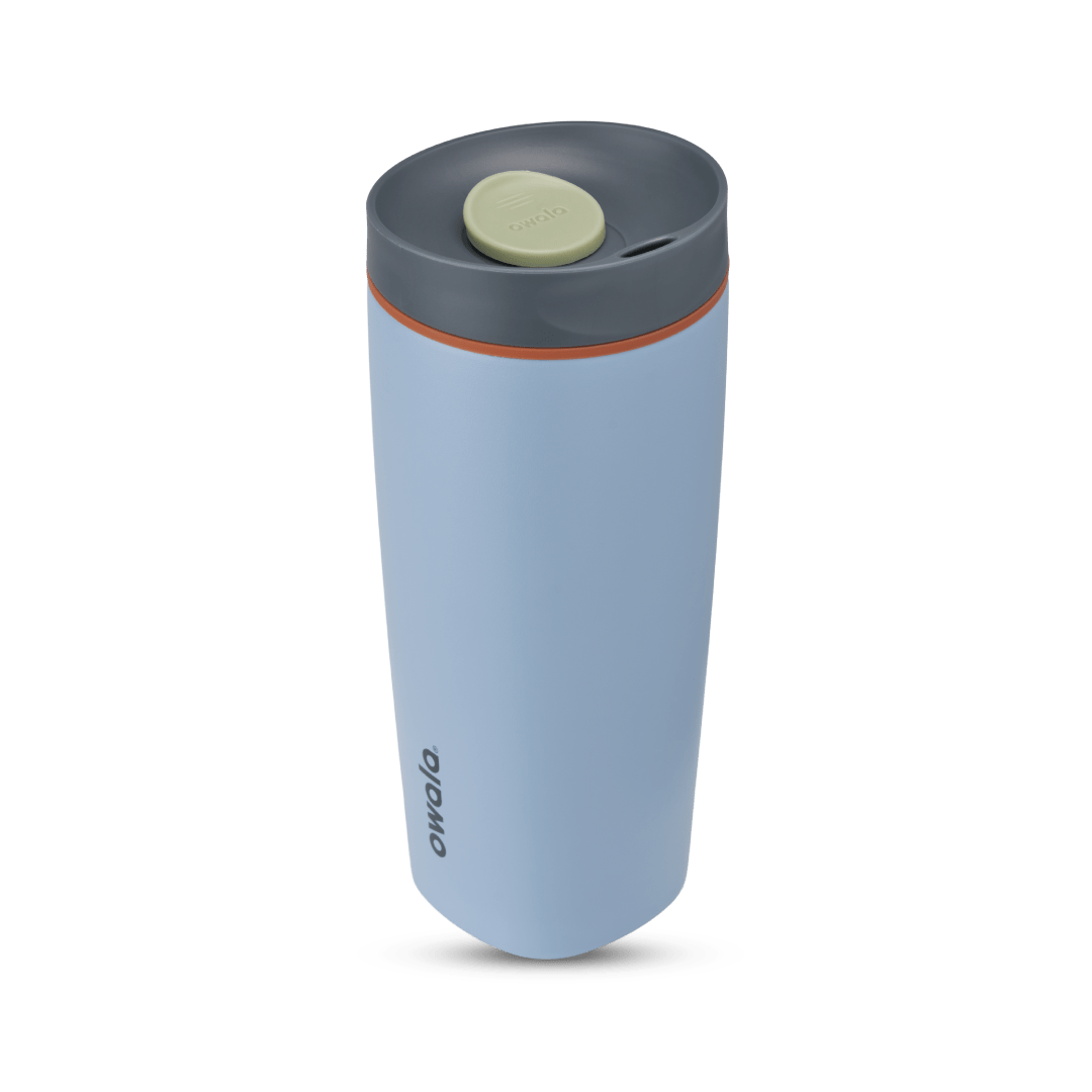 SmoothSip Slider 20oz, powder blue body with gray and orange accent lid