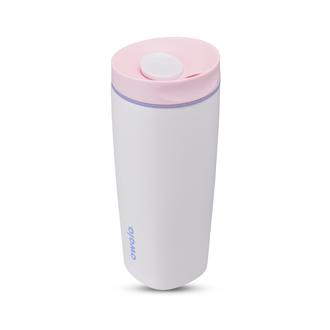 SmoothSip Slider 20oz, white body with pastel pink flip cap; showing slider mechanism