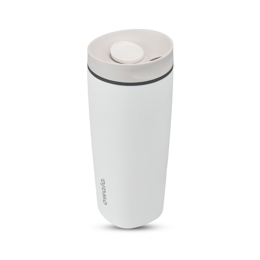 SmoothSip Slider 20oz in Shy Marshmallow, white body with off-white lid, white slider button, dark gray accent ring, and gray Owala logo