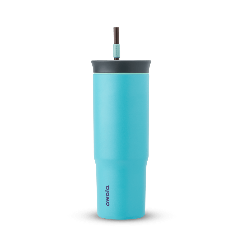 24oz Tumbler in Splash Zone; matte aqua-cyan insulated tumbler with dark slate-gray lid and dark brown straw with light mint grip, Owala wordmark on front