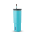 24oz Tumbler in Splash Zone; matte aqua-cyan insulated tumbler with dark slate-gray lid and dark brown straw with light mint grip, Owala wordmark on front