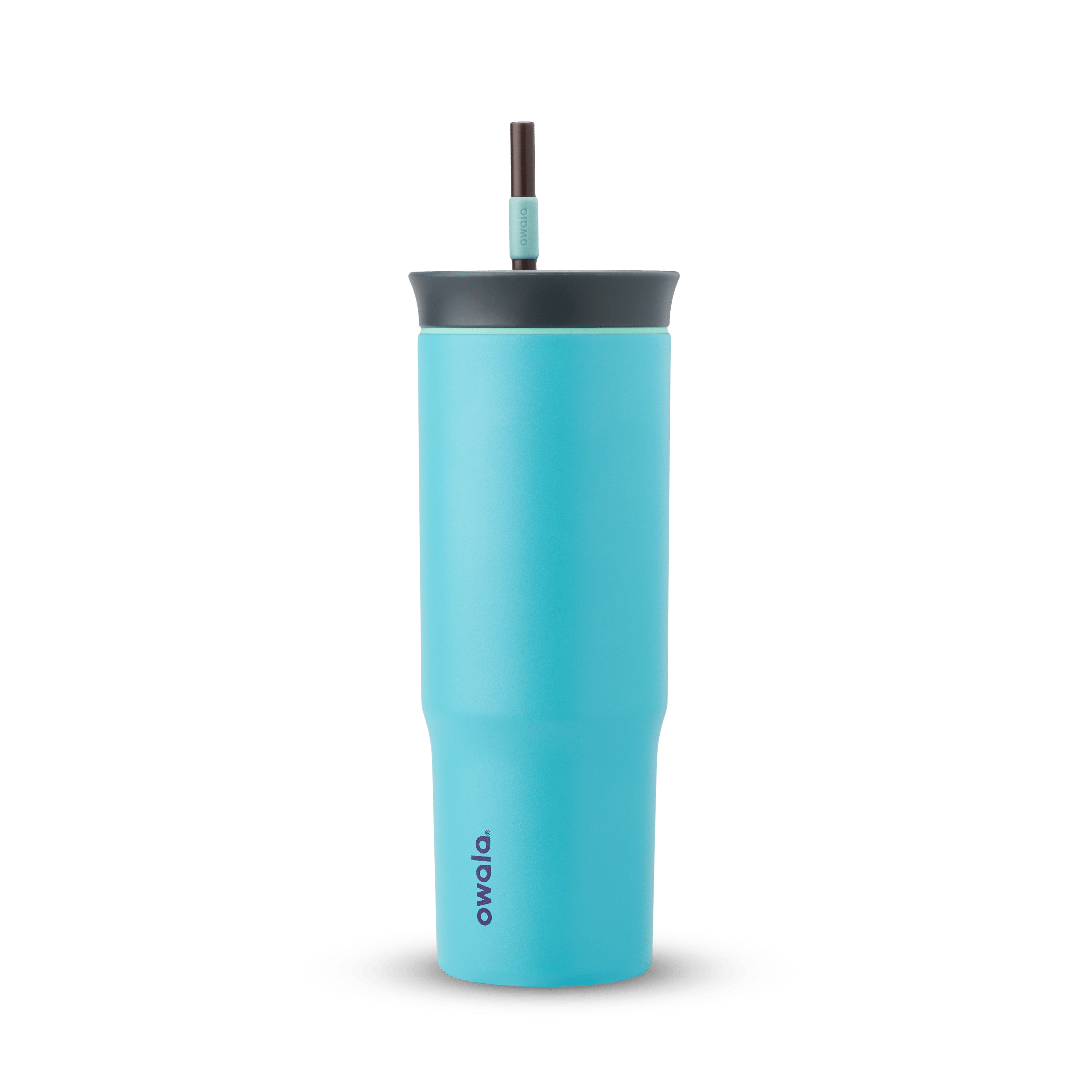 24oz Tumbler in Splash Zone; matte aqua-cyan insulated tumbler with dark slate-gray lid and dark brown straw with light mint grip, Owala wordmark on front
