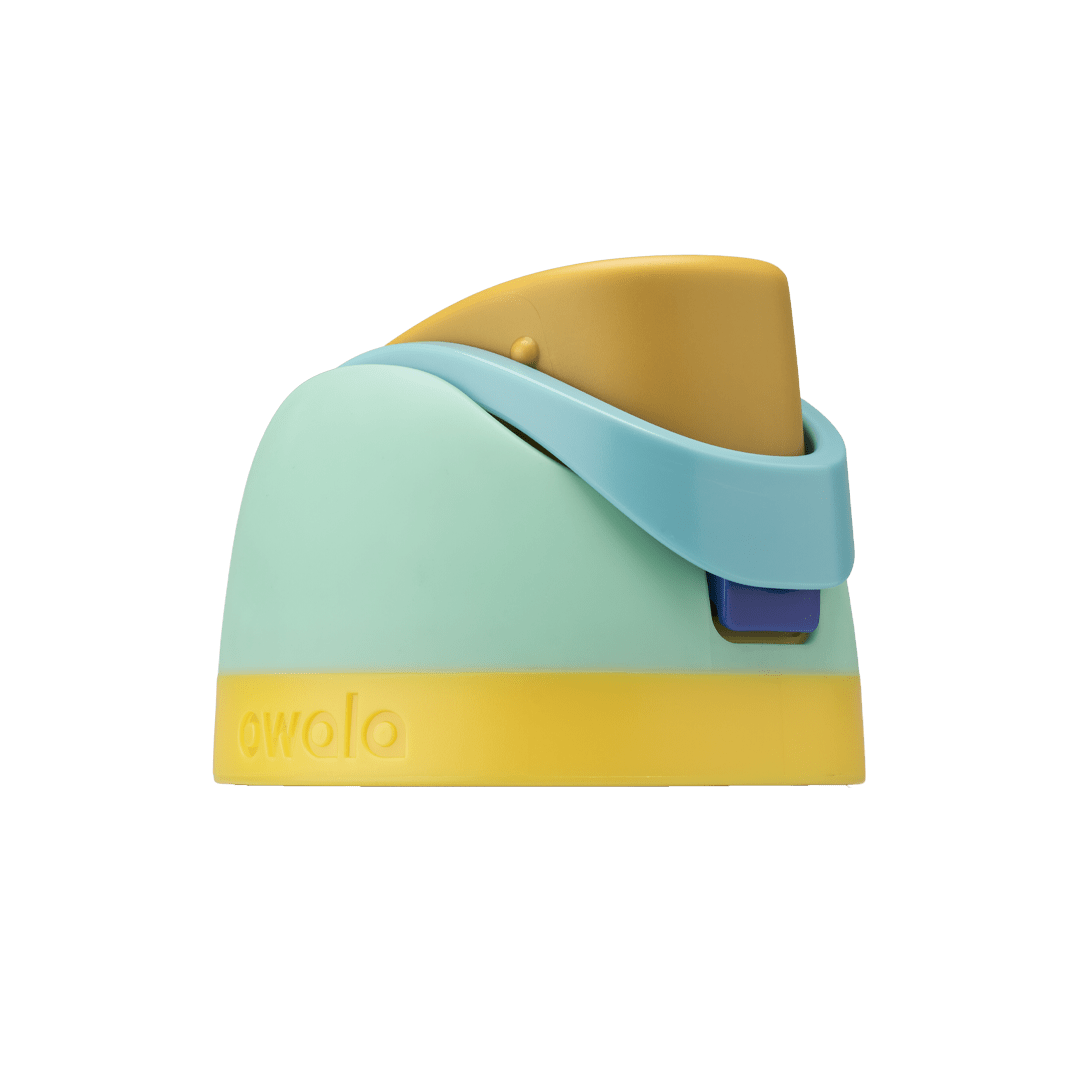 Owala FreeSip replacement lid in Splishy Splashy, mint green body with mustard yellow flip cap, light blue carry loop, and bright yellow base accent band