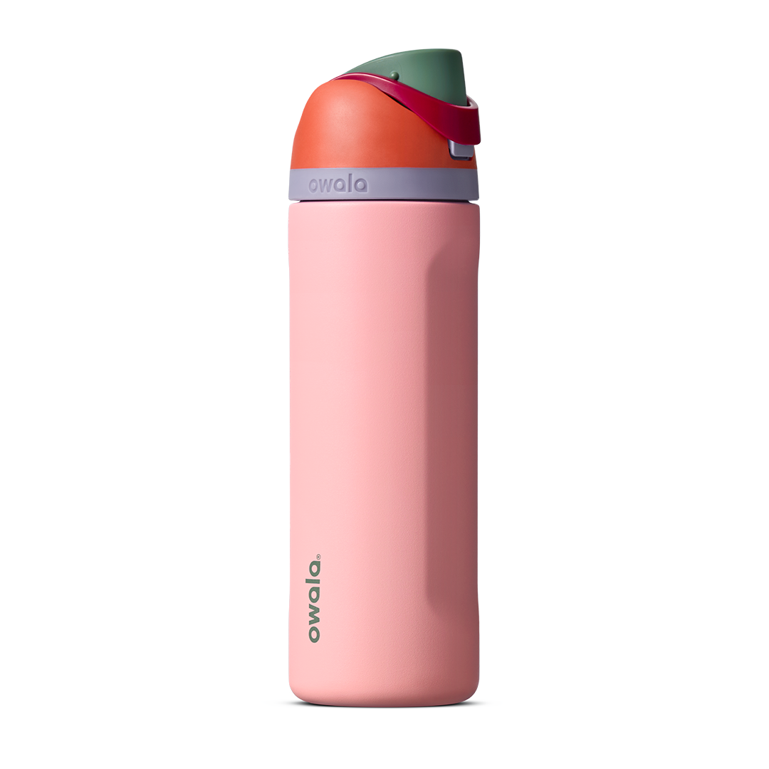 FreeSip 24oz in Sugar High, coral pink insulated bottle with rust orange flip cap and forest green accent band